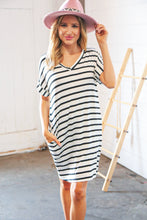 Load image into Gallery viewer, Black &amp; Ivory Stripe V Neck Cap Short Sleeve Dress
