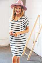 Load image into Gallery viewer, Black &amp; Ivory Stripe V Neck Cap Short Sleeve Dress
