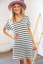 Load image into Gallery viewer, Black &amp; Ivory Stripe V Neck Cap Short Sleeve Dress
