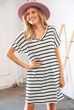 Load image into Gallery viewer, Black &amp; Ivory Stripe V Neck Cap Short Sleeve Dress
