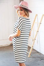 Load image into Gallery viewer, Black &amp; Ivory Stripe V Neck Cap Short Sleeve Dress
