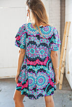 Load image into Gallery viewer, Multicolor Geo Print Double Ruffle Short Sleeve Pocket Dress
