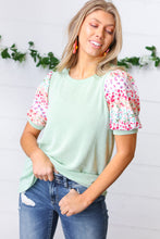 Load image into Gallery viewer, Mint Two Tone Floral Puff Sleeve Top

