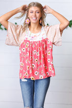 Load image into Gallery viewer, Coral &amp; Ivory Floral Color Block Yoke Babydoll Top
