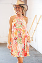 Load image into Gallery viewer, Coral Boho Floral Halter Neck Swing Dress
