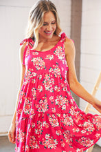 Load image into Gallery viewer, Hot Pink Floral Shoulder Tie Knot Tiered Dress
