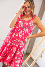 Load image into Gallery viewer, Hot Pink Floral Shoulder Tie Knot Tiered Dress
