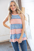 Load image into Gallery viewer, Denim/Coral Star &amp; Stripe Thermal Halter Tank Top
