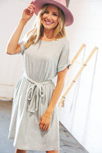 Load image into Gallery viewer, Grey/Cream Pin Stripe Elastic Waist Tie Band Dress
