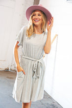 Load image into Gallery viewer, Grey/Cream Pin Stripe Elastic Waist Tie Band Dress
