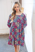 Load image into Gallery viewer, Navy Floral Print Square Neck Bubble Sleeve Midi Dress
