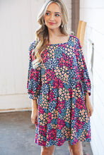 Load image into Gallery viewer, Navy Floral Print Square Neck Bubble Sleeve Midi Dress
