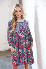 Load image into Gallery viewer, Navy Floral Print Square Neck Bubble Sleeve Midi Dress
