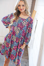 Load image into Gallery viewer, Navy Floral Print Square Neck Bubble Sleeve Midi Dress
