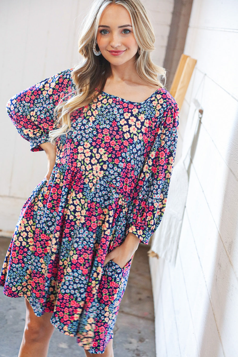 Navy Floral Print Square Neck Bubble Sleeve Midi Dress