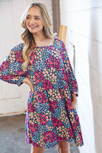 Load image into Gallery viewer, Navy Floral Print Square Neck Bubble Sleeve Midi Dress
