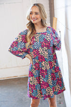 Load image into Gallery viewer, Navy Floral Print Square Neck Bubble Sleeve Midi Dress
