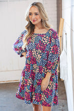 Load image into Gallery viewer, Navy Floral Print Square Neck Bubble Sleeve Midi Dress
