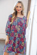 Load image into Gallery viewer, Navy Floral Print Square Neck Bubble Sleeve Midi Dress
