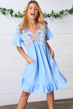 Load image into Gallery viewer, Chambray Floral Embroidery Ruffle Hem Dress
