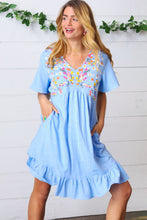 Load image into Gallery viewer, Chambray Floral Embroidery Ruffle Hem Dress
