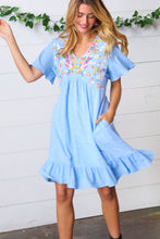 Load image into Gallery viewer, Chambray Floral Embroidery Ruffle Hem Dress
