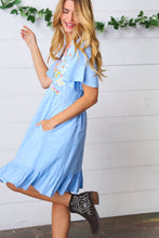 Load image into Gallery viewer, Chambray Floral Embroidery Ruffle Hem Dress
