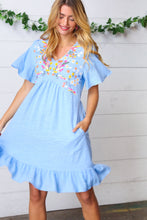 Load image into Gallery viewer, Chambray Floral Embroidery Ruffle Hem Dress
