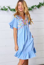 Load image into Gallery viewer, Chambray Floral Embroidery Ruffle Hem Dress
