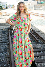 Load image into Gallery viewer, Sage/Coral Floral Print Ruffle Off-Shoulder Maxi Dress

