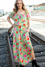 Load image into Gallery viewer, Sage/Coral Floral Print Ruffle Off-Shoulder Maxi Dress
