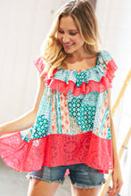 Load image into Gallery viewer, Coral Ethnic Print Lace Ruffle Hem Top
