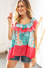 Load image into Gallery viewer, Coral Ethnic Print Lace Ruffle Hem Top

