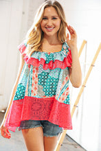 Load image into Gallery viewer, Coral Ethnic Print Lace Ruffle Hem Top
