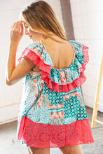 Load image into Gallery viewer, Coral Ethnic Print Lace Ruffle Hem Top

