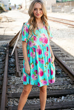 Load image into Gallery viewer, Aqua Floral Fit &amp; Flare Babydoll Pocketed Dress
