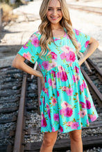 Load image into Gallery viewer, Aqua Floral Fit &amp; Flare Babydoll Pocketed Dress
