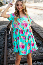 Load image into Gallery viewer, Aqua Floral Fit &amp; Flare Babydoll Pocketed Dress
