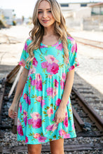 Load image into Gallery viewer, Aqua Floral Fit &amp; Flare Babydoll Pocketed Dress
