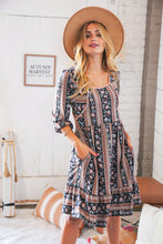 Load image into Gallery viewer, Black Ethnic Stripe Babydoll Ruffle Hem Pocketed Dress
