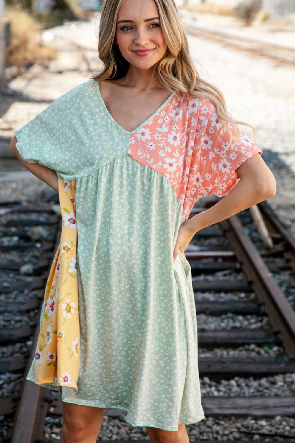 Peach Floral Color Block V Neck Dolman Pocketed Dress