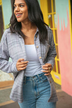 Load image into Gallery viewer, Light Grey Brushed Hacci Plaid Button Down Jacket
