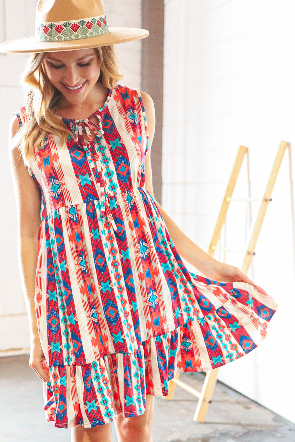 Orange/Blue Ethnic Aztec Tiered Front Tie Ruffle Dress