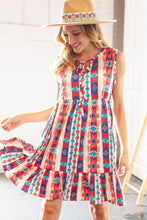 Load image into Gallery viewer, Orange/Blue Ethnic Aztec Tiered Front Tie Ruffle Dress
