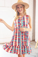 Load image into Gallery viewer, Orange/Blue Ethnic Aztec Tiered Front Tie Ruffle Dress
