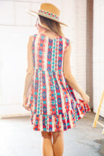 Load image into Gallery viewer, Orange/Blue Ethnic Aztec Tiered Front Tie Ruffle Dress
