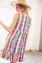 Load image into Gallery viewer, Orange/Blue Ethnic Aztec Tiered Front Tie Ruffle Dress
