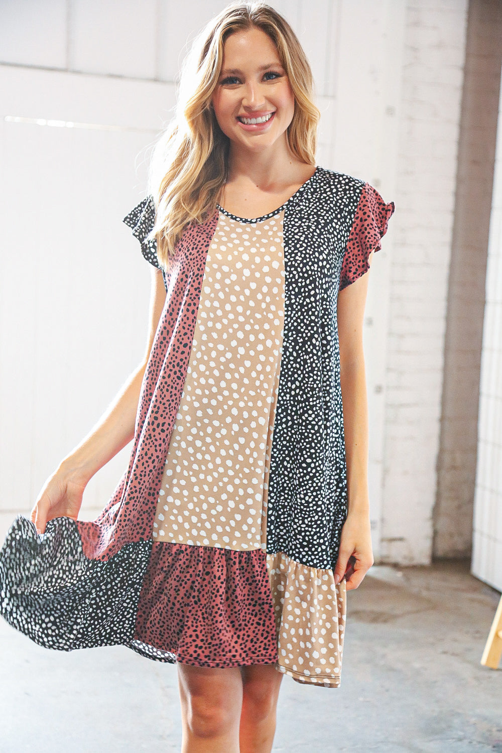 Multicolor Vertical Leopard Print Color Block V Neck Dress