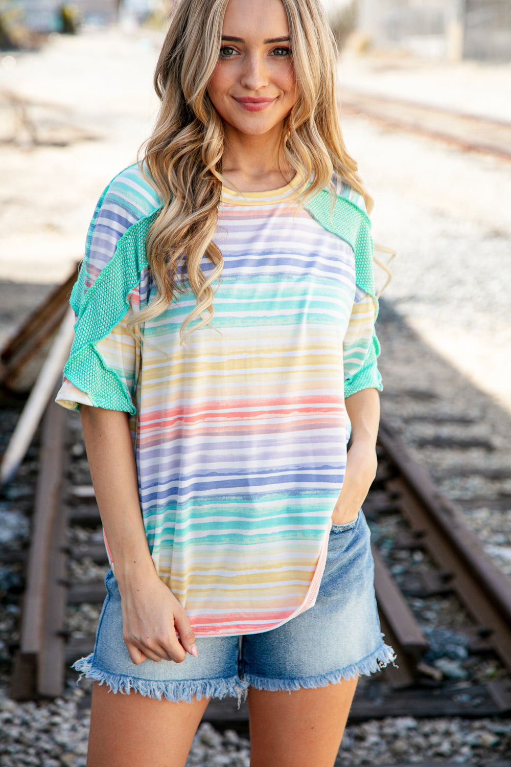 Multicolor Stripe Cross Detail Thermal Outseam Top
