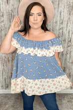 Load image into Gallery viewer, Sky Blue Ruffle Floral Color Block Woven Blouse
